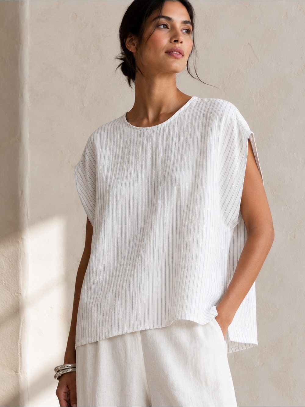 Eileen Fisher Organic Cotton Gauze Striped Boxy Poncho Top White Gray L